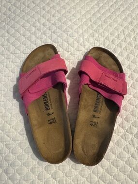Birkenstock Pink Dual-Strap Suede Slides